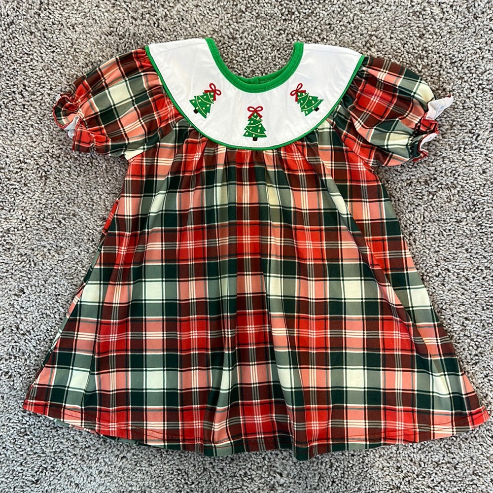 Toddler Girls Embroidered Christmas Tree Plaid Dress